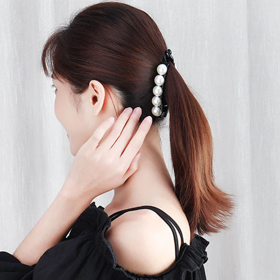 (ブラック)バナナクリップ ヘアクリップ 大きめ パール ヘアアクセサリー 髪留め 結婚式 パーティ シンプル 大人かわいい