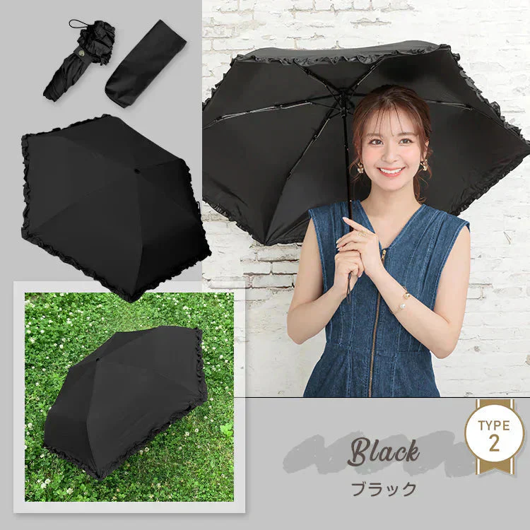 日傘 「タイプ1・オフホワイト×ライトグレー」 軽量 折り畳み 晴雨兼用 遮光100% 完全遮光 UVカット 折りたたみ傘 フリル 日差し 紫外線 日焼け防止 レディース 内側黒 梅雨 熱中症