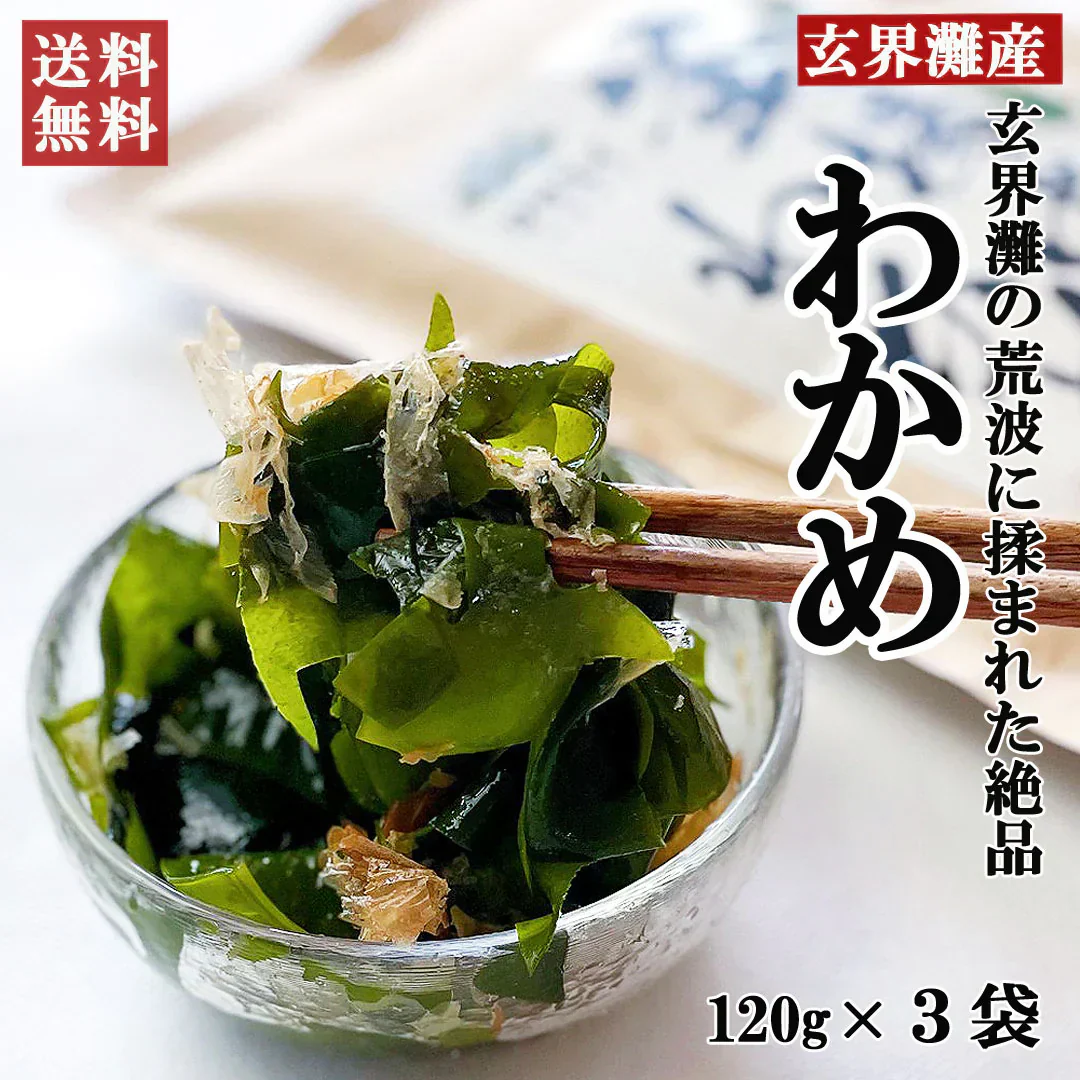 釜揚げわかめ120g×3個　合計360g 送料無料（一部除く）海藻 わかめ ワカメ 玄界灘産 食物繊維 宗像 塩蔵わかめです。ミネラル ビタミン カルシウム 食物繊維 ワカメ 若布 食品 食べ物 お取り寄せグルメ