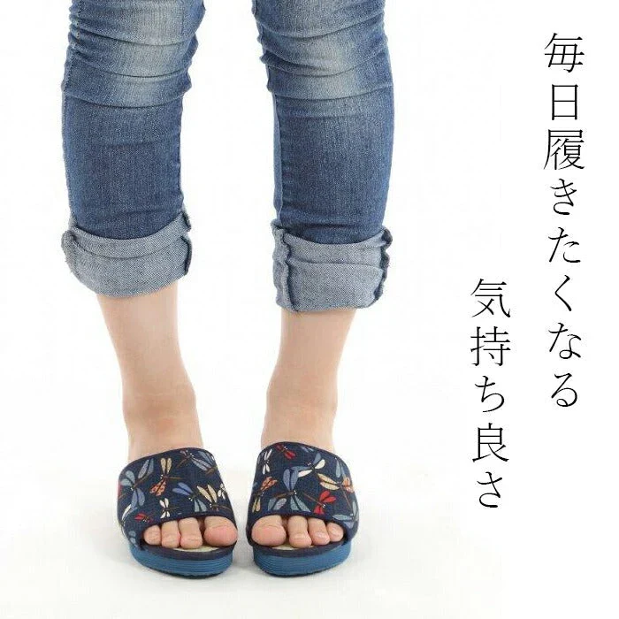 【くつろぎネコLサイズ】畳 サンダル レディース 紺 藍染め 和柄たたみサンダル 室内履き 外履き 猫 トンボ めだか M/L 可愛い