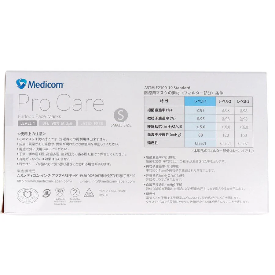 3層不織布マスク プロケア イヤーループマスク Sサイズ ホワイト 50枚入りＸ5箱