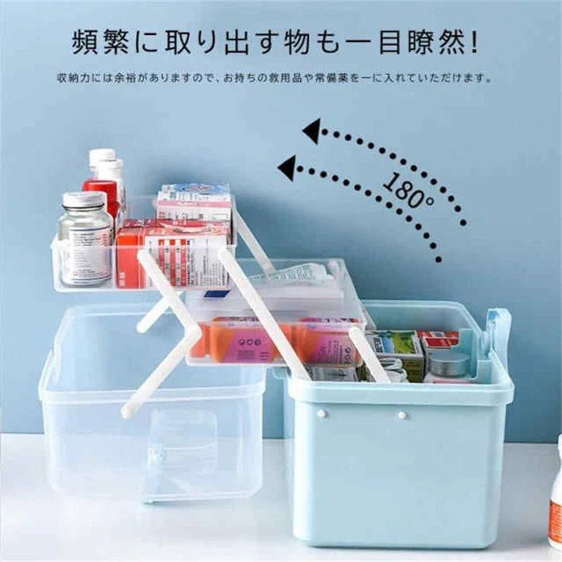 収納ボックス 薬箱 救急箱 大容量 3層 応急ボックス 取っ手付き 携帯便利 家庭用 薬入れ 小物入 w463A(ブルー)