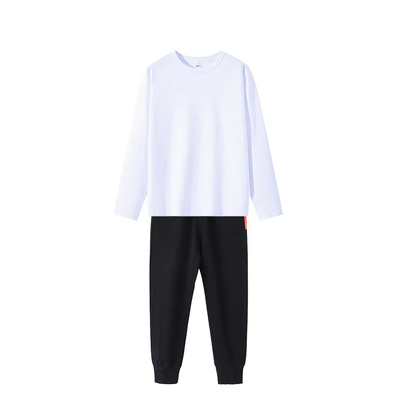 2点セット ブラック 100cm Tシャツ長袖 白 1枚 と スウェットズボン1枚 体育 体操服 子供 キッズ パンツ 秋 春 冬 通気性 運動会 イベント 男女兼用 90 100 110 120 130 140 150