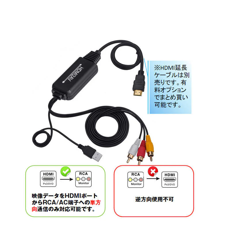 HDMI端子対応 RCA変換アダプタ 1.3m コンポジット出力 1080P対応 テレビ・車載モニター用 映像変換ケーブル