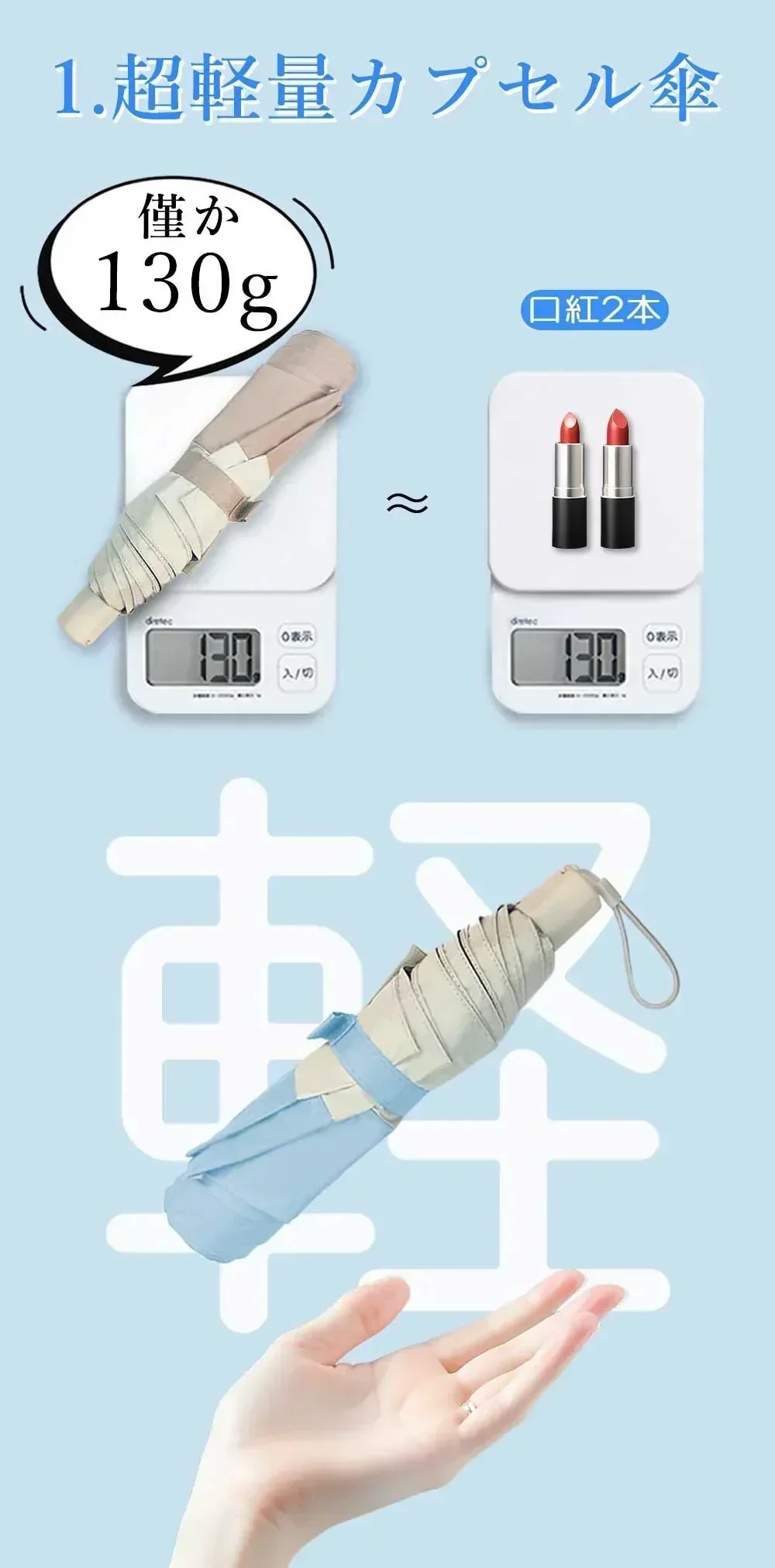 【日差しと雨の防護エキスパート】＼ベージュ×オフ 1本／超軽量 日傘 約140g 携帯便利 丈夫 傘 完全遮光 遮熱  折りたたみ傘 紫外線遮断 折り畳み日傘 日焼け対策 UVカット 晴雨兼用 男女老若 学生用 誕生日プレゼント首選