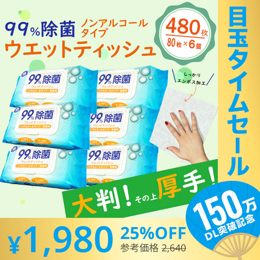 【超シェア買い祭】大判・厚手・ノンアルコール99%除菌ウエットティッシュ　蓋つき エンボスシート 無香料 99％除菌認定品　［ 80枚　6パック入り（480枚） ］　送料無料