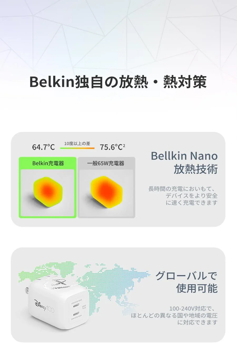 【ディズニー 限定モデル 創立100周年 】 Belkin 充電器 USB-C 2ポート PD PPS規格対応 GaN採用 小型 AC 急速充電 65W(45W+20W) WCH013dqWH-DY