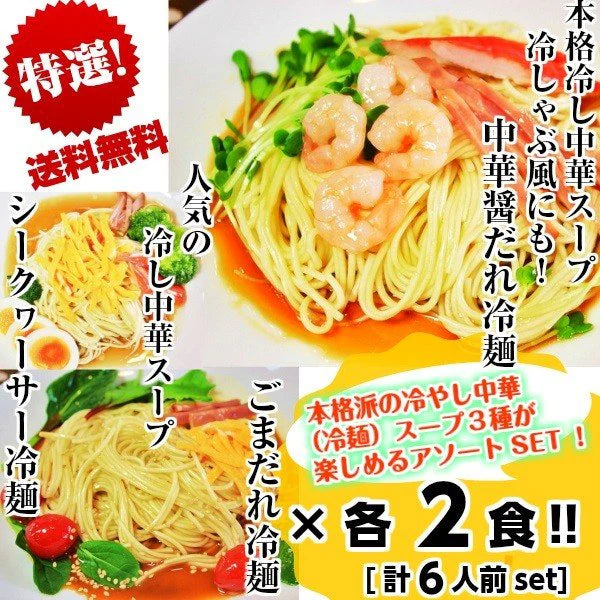 特選冷し中華3種セット　胡麻だれ　中華醤だれ　シークヮーサー　各2食　計6人前　冷麺スープ詰め合せ
