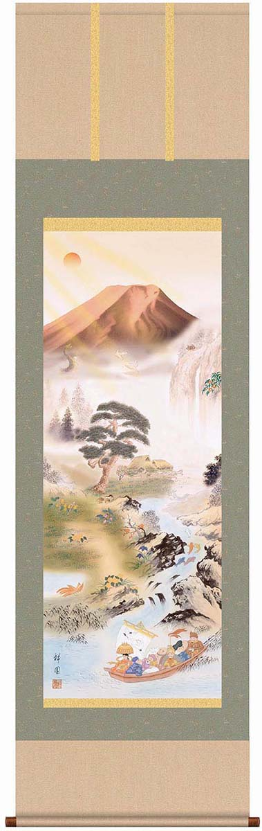 開運掛軸 【開運万全図】 山本祥園筆 [ 収納箱 品質保証付き 開運掛軸 縁起 ご利益 七福神 九頭馬 松竹梅 10年保証 受注生産 床の間 和風 掛け軸 日本製 名画 縁起物 プレゼント 画寸 送料無料 ]
