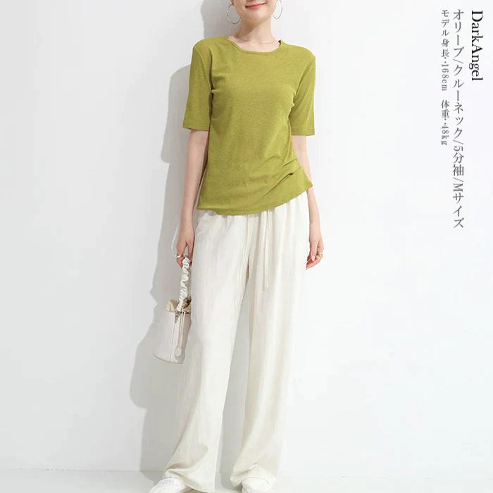 シアーTシャツ（オリーブ/クルーネック/5分袖/Lサイズ）