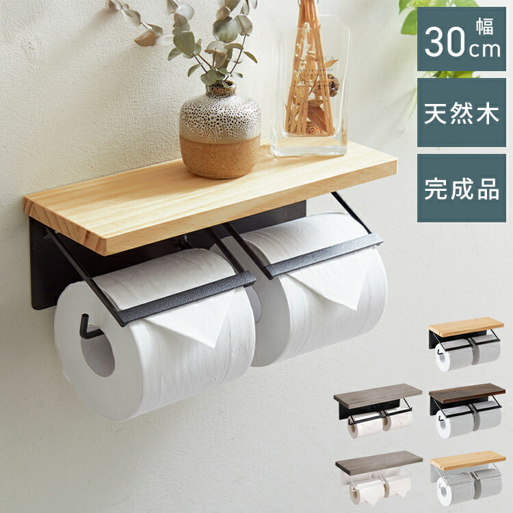 (グレー×ホワイト)トイレットペーパーホルダー ダブルタイプ 2連 天板付き 天然木 パイン材 耐荷重5kg 棚付き アイアン 木目 飾り棚 おしゃれ モダン 北欧 アンティーク トイレ用品 トイレ 収納 お手洗い トイレットペーパー 【送料無料】