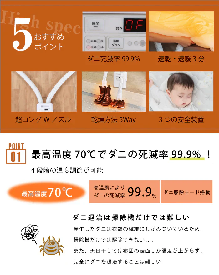 2024年最新モデル-■ 布団乾燥機 ダニ駆除 コンパクト 軽量 速乾 速暖 高耐久 高風量 静音 安全装置 3Way 温度センサー サーモスタット 温度ヒューズ 縦置き 横置き オールシーズン 二段階 立体ノズル ロングノズル ダブルノズル 100cm  ペットドライヤー 靴乾燥 衣類乾燥 収納乾燥