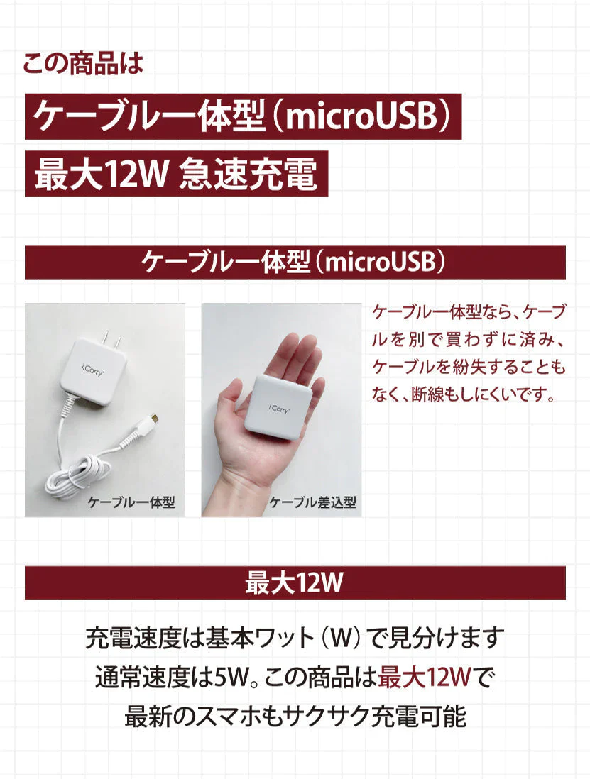 （ブラック）iCarry 12w スリム USB コンセント microスマホ充電器 【12W マイクロ急速充電】17-AC10B