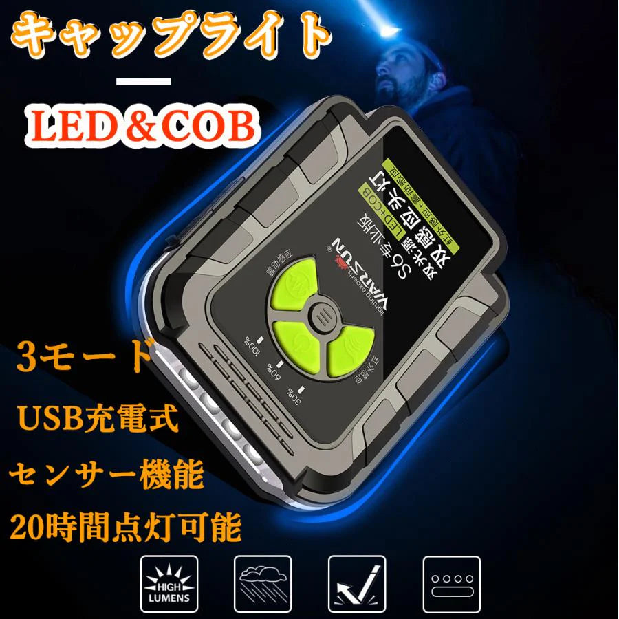 LEDキャップライト ヘッドライト 懐中電灯 USB充電可能 電池残量表示 帽子ライト 高輝度 ポータブル 軽量 着用可能 防水ヘルメットライト 男女兼用