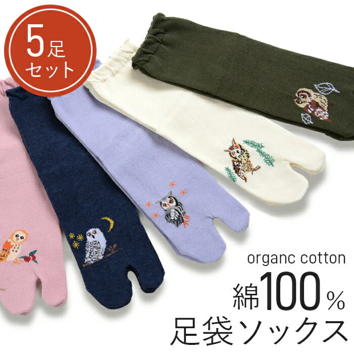 足袋ソックス 足袋靴下 5足組 セット オーガニックコットン 靴下 ソックス レディース 綿100% ふくろう柄 肌に優しい靴下