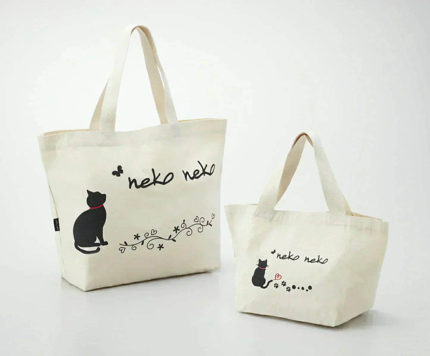 ねこねこ 帆布カジュアルバッグ 大・小セット◆ トートバッグ キャンバス エコバッグ お買い物 コンビニ 猫 お弁当 通勤 通学 レディース お出かけ 散歩 レジャー 厚手 丈夫 かわいい ネコ アウトドア 猫の日 GW