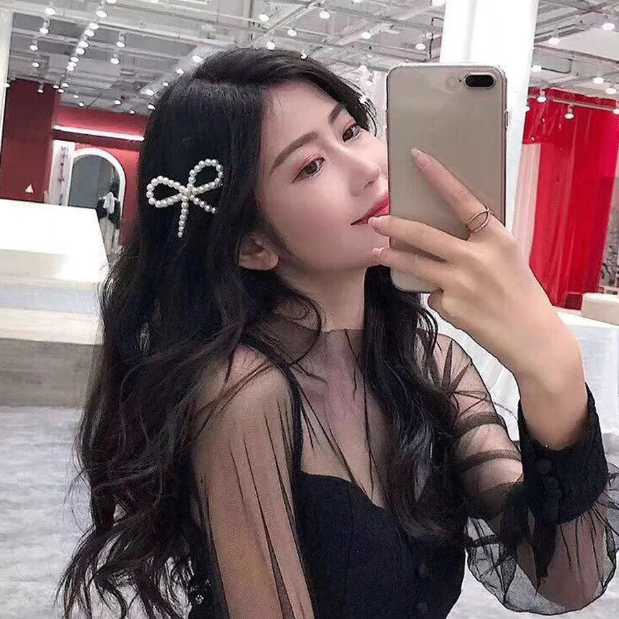 (ホワイト)ヘアピン リボン パールビーズヘアピン パッチン留め かわいい ヘアアクセサリー パールホワイト 子ども おしゃれ