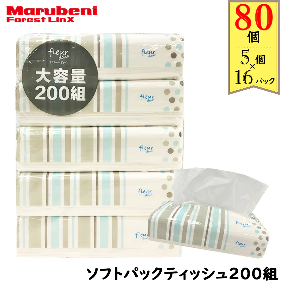 ＼大容量ティッシュ／［400枚（200組）5個×16パック(80個)入り ］ティッシュペーパー ソフトパックティッシュ200W 青色パッケージ フルールドゥ 送料無料