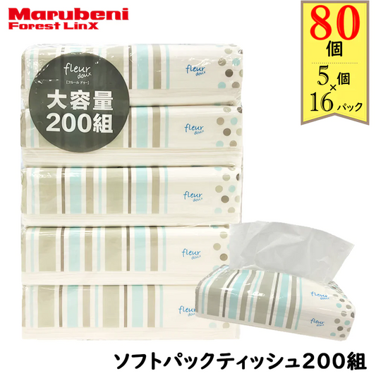＼大容量ティッシュ／［400枚（200組）5個×16パック(80個)入り ］ティッシュペーパー ソフトパックティッシュ200W 青色パッケージ フルールドゥ 送料無料