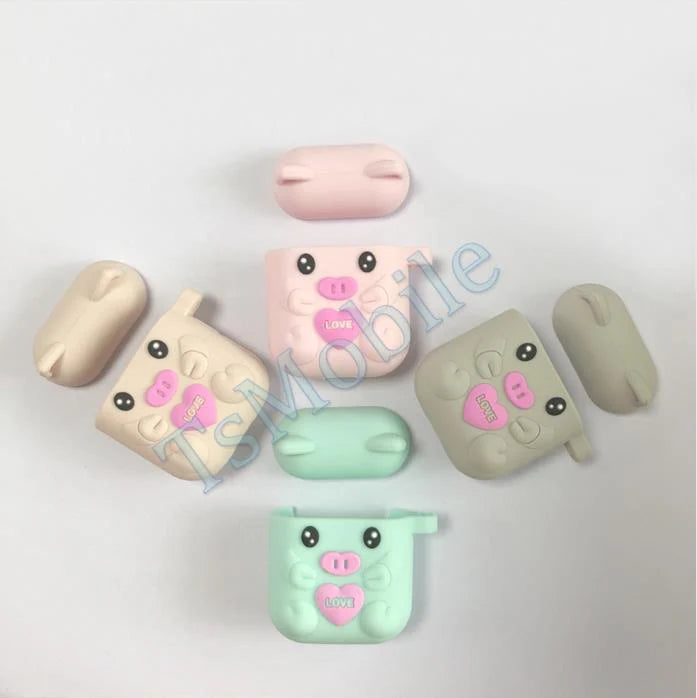 airpods1/2 グレー ピッグキャラクター 可愛い豚 エアーポッズ カバー シリコンエアポッツ 1/2 ケース かわいい キズ防止 耐衝撃 保護 紛失防止 4色カラビナ付き