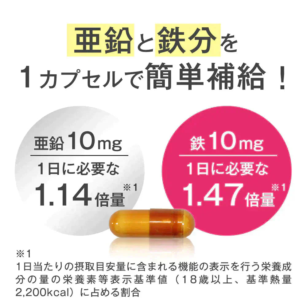 栄養機能食品　亜鉛＆鉄 《約3ヶ月分》1カプセルで亜鉛10mg 鉄10mg同時補給 ミネラル サプリ サプリメント 鉄分【大容量】