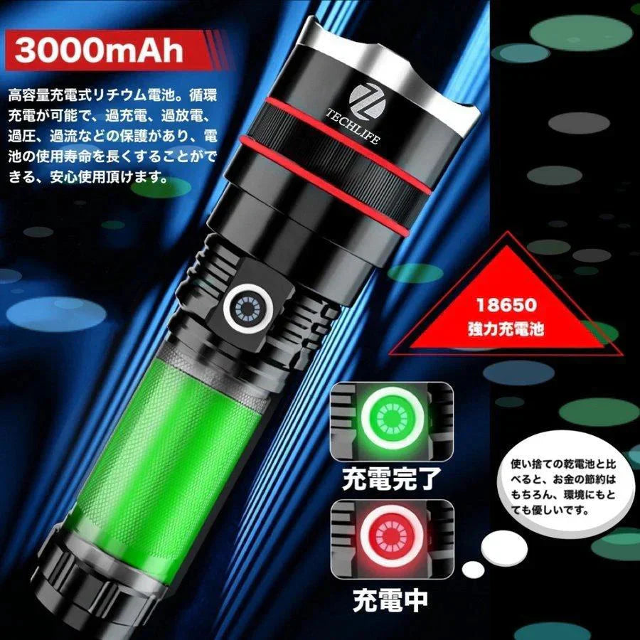 新P70懐中電灯 LED 充電式 超強力 LEDライト ハンディライト ズーム機能 フラッシュライト 充電式 超強力 多モード 小型 軍用 作業灯 充電池付き 停電 防水 防災対策 最新仕様！ 爆光 強力 最強 防災グッズ 強力 防水 コンパクト アウトドア セール(w019B)赤リング
