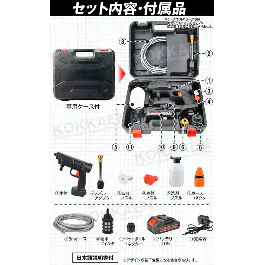 パワフルハンディ高圧洗浄機 1組 高圧洗浄機 充電式 6in1 21V バッテリー・充電器付 マキタバッテリ互換 専用ケース付 家庭用 洗車 掃除 ベランダ バケツ給水