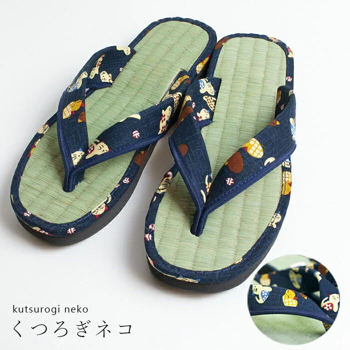【くつろぎネコ　Lサイズ】草履 レディース 痛くない 安い 草履サンダル い草 M/L ネイビー 藍染め 和柄 たたみ草履