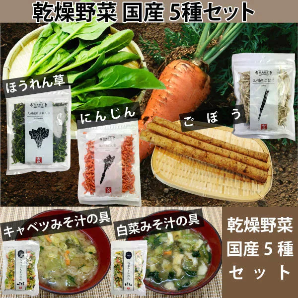 九州産 乾燥野菜 ３種 ＋ みそ汁の具 ２種　計５袋セット 簡単　便利 みそ汁 味噌汁 キャンプ　保存　野菜　食物繊維　ネコポス便　全国送料込
