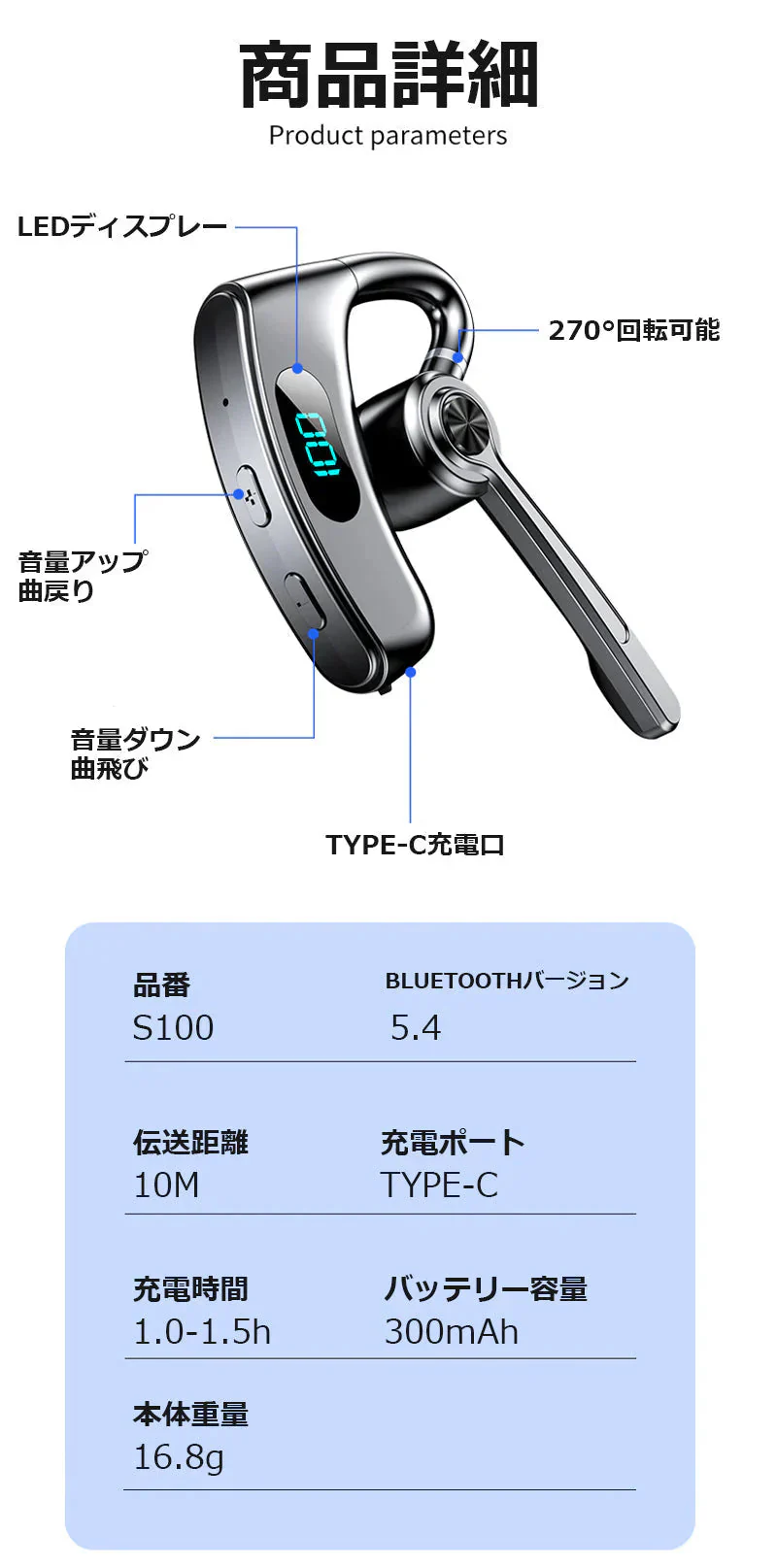 骨伝導イヤホン イヤホンヘッドホン  PSE認証 耳かけ式 Bluetooth5.4 HiFi高音質 長時間航続 Type-C充電 IPX5防水 防滴防汗 三色選択可能 大容量バッテリー LED残電表示 270度回転可能 s100C(ブルー)