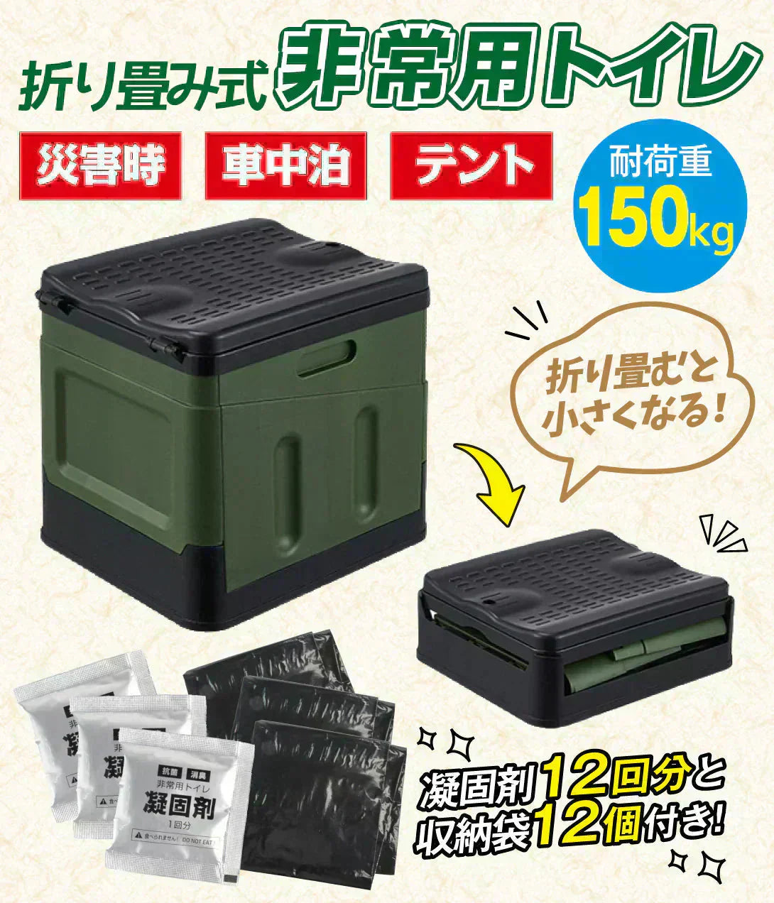 簡易トイレ 折りたたみ トイレ 折り畳み式非常用トイレ １個 防災 車 介護 非常用 ポータブル 車中泊 キャンプ アウトドア 避難 緊急 携帯 便器 凝固剤 国華園 【発送予定は商品詳細を参照】