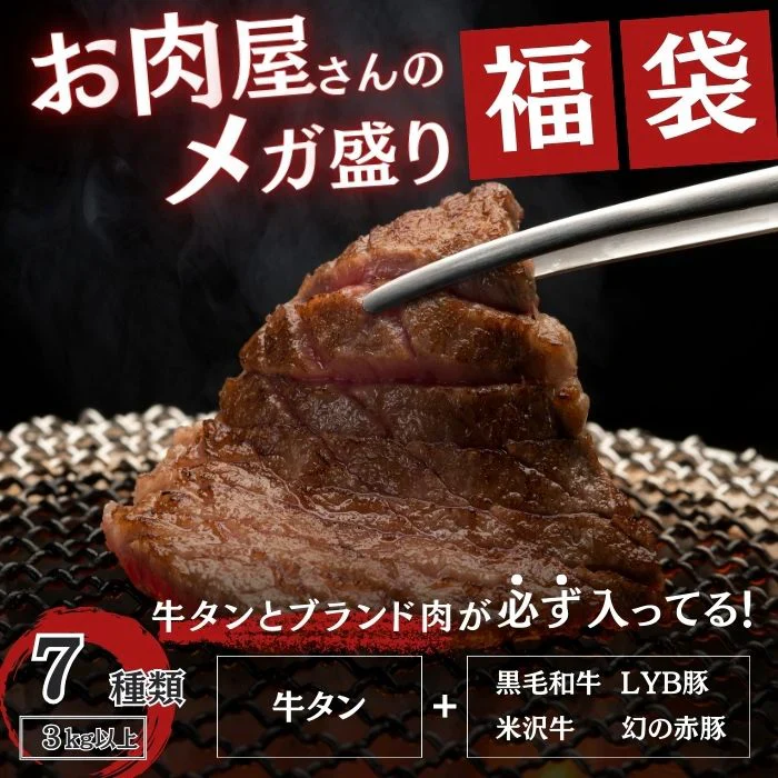 肉福袋【7種3kg以上】牛タン・ブランド肉入り！（ 20,000円相当）