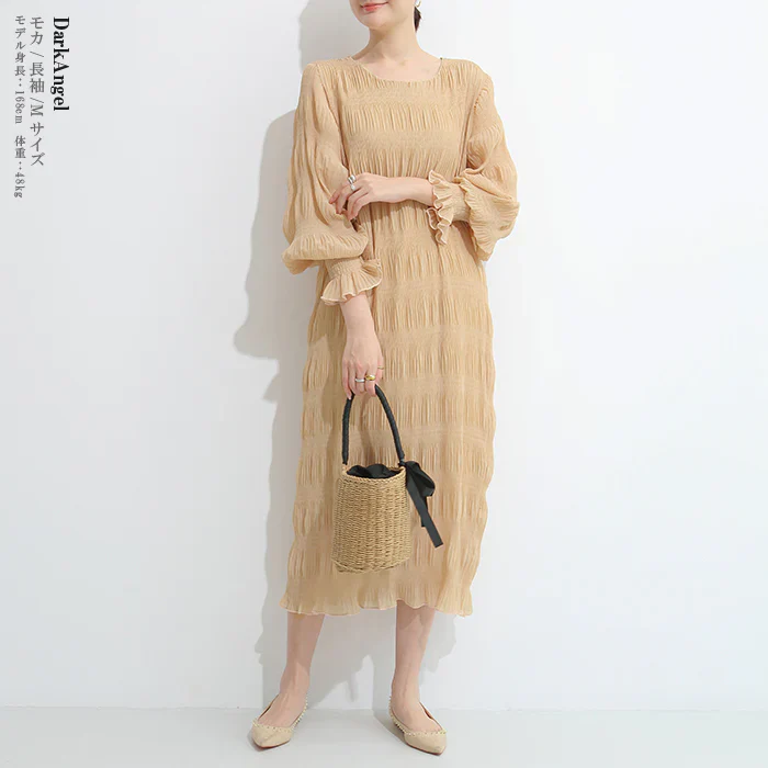 シャーリングシフォンワンピース（モカ/長袖/Lサイズ）