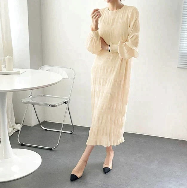 シャーリングシフォンワンピース（アイボリー/長袖/Mサイズ）