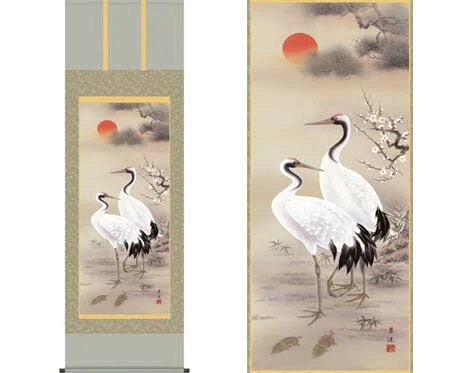 掛軸「松竹梅鶴亀」戸塚翠漣筆 [ 収納箱 10年保証 受注生産 床の間 和風 掛け軸 日本製 鶴 夫婦鶴 長寿円満 健康 和 十年保証 慶祝 42ｘ100 名画 縁起物 プレゼント 画寸 国内産 送料無料 ]