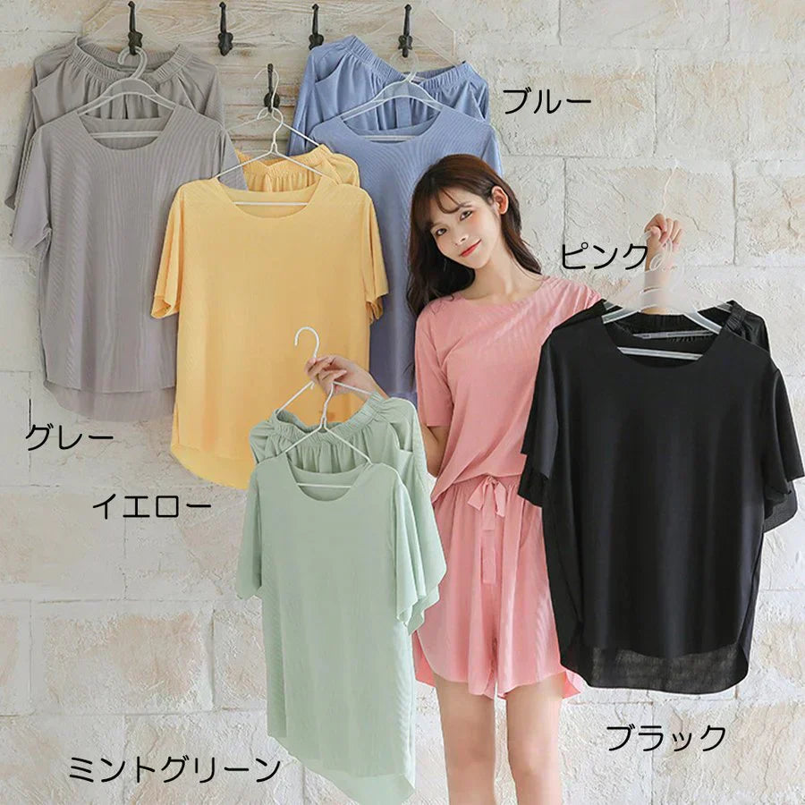 「送料無料 ブルー 接触冷感 」ルームウェア 接触冷感 セットアップ リラックス インナー 半袖トップス インナーウェア ゆったり 送料無料