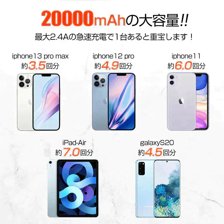 【送料無料】 モバイルバッテリー 「ホワイト」 大容量20000mAh 2.4A 4台同時充電 旅行 ケーブル内蔵 Ligtning スマホ充電 iphone Android PSE認証済 ゲーム mb143-wh