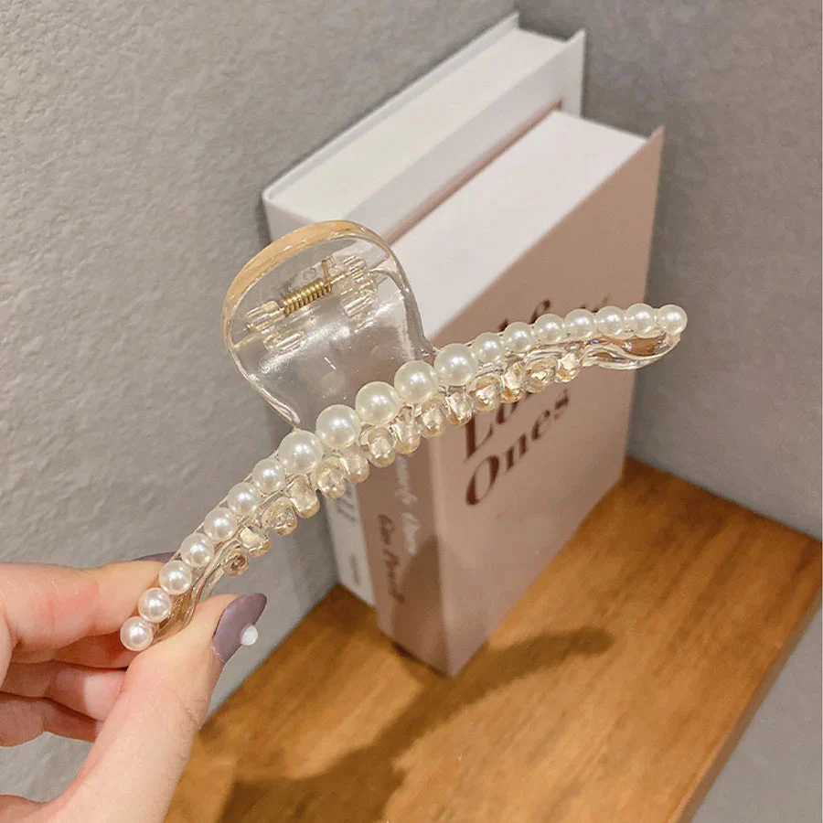 (ホワイト)ヘアクリップ 大粒パール バレッタ まとめ髪 髪飾り ヘアアクセサリー 髪留め ヘアアレンジ アクセント パール バンスクリップ