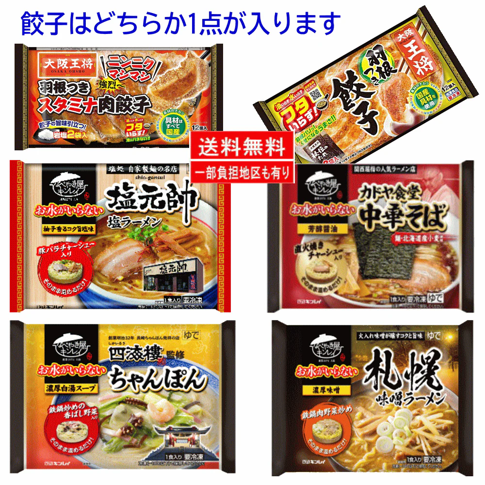 【新発売】 冷凍食品 5袋セット 水のいらない 冷凍麺 塩元帥 札幌味噌ラーメン ちゃんぽん カドヤ食堂 中華そば 王将羽根つき餃子