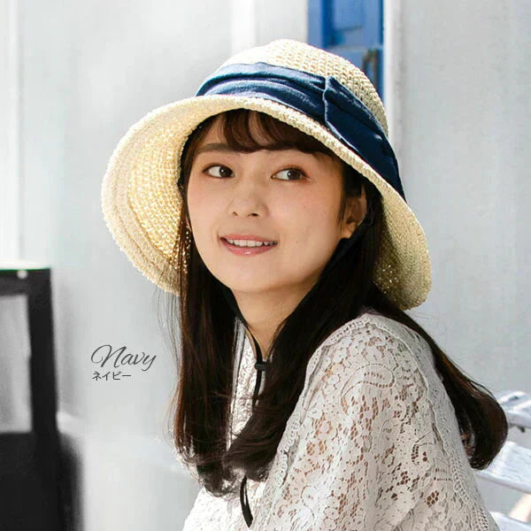 【フリー-ネイビー】【商品名：紐付き手編みストローHAT】