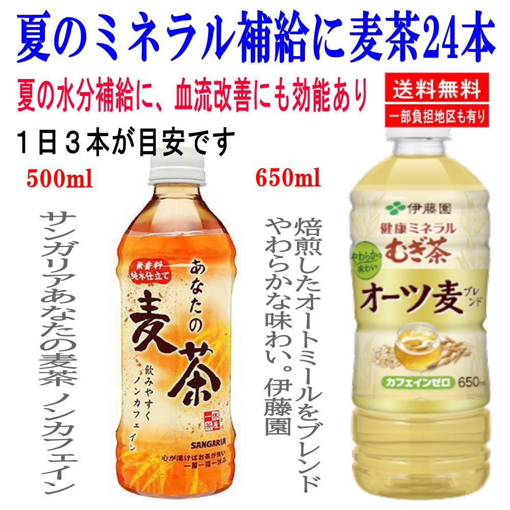 伊藤園 オーツ麦 健康ミネラル麦茶 650ml 12本とサンガリア あなたの麦茶 500ml 24本 熱中症対策に最適
