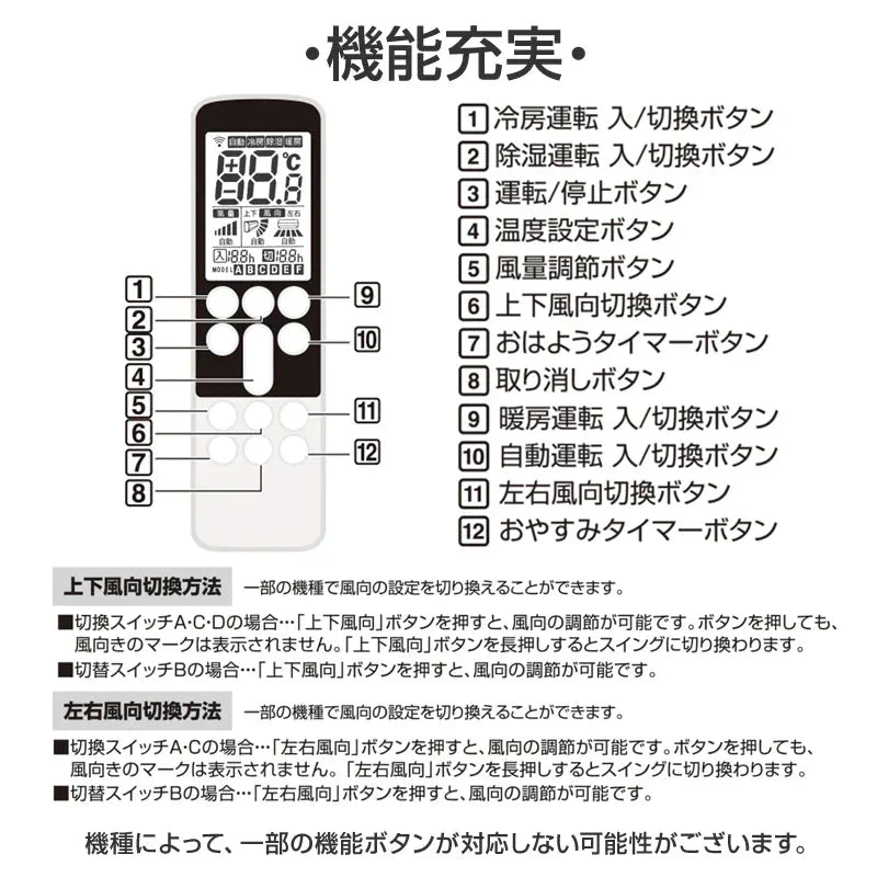 富士通 ゼネラル エアコン用 リモコン 日本語表示 FUJITSU 設定不要 互換 0.5度調節可 大画面液晶パネル バックライト 自動運転タイマー 日本語説明書付