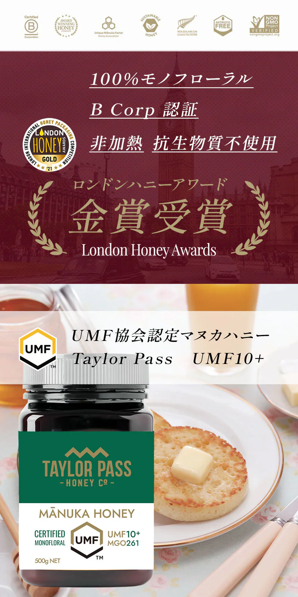 マヌカハニー UMF10+ [500g] MGO261～511 UMF協会認定【Taylor Pass ＆ マリリニュージーランド マヌカハニー】 生 はちみつ 非加熱 無添加 蜂蜜 モノフローラル 【送料無料】