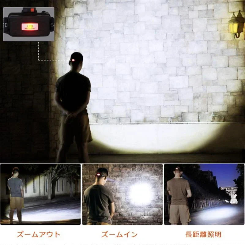 LEDヘッドライト 超強ルーメン ヘッドライト　最高輝度   充電式 ズーム機能　4段階の点灯モード(w017A)定番式