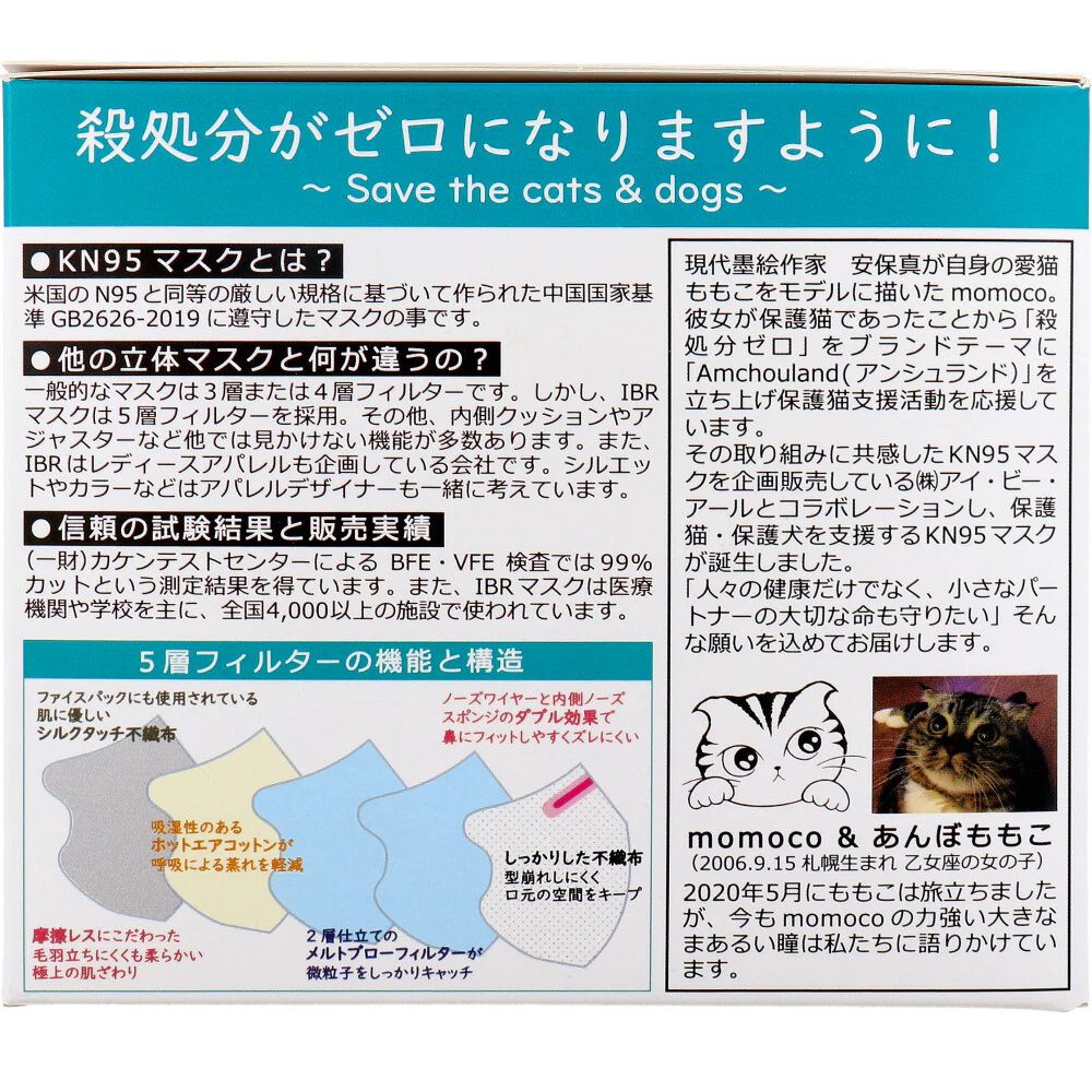 KN95 立体構造マスク 5層不織布 momocoモデル ピュアホワイト レギュラーサイズ 個別包装 20枚入り X3箱