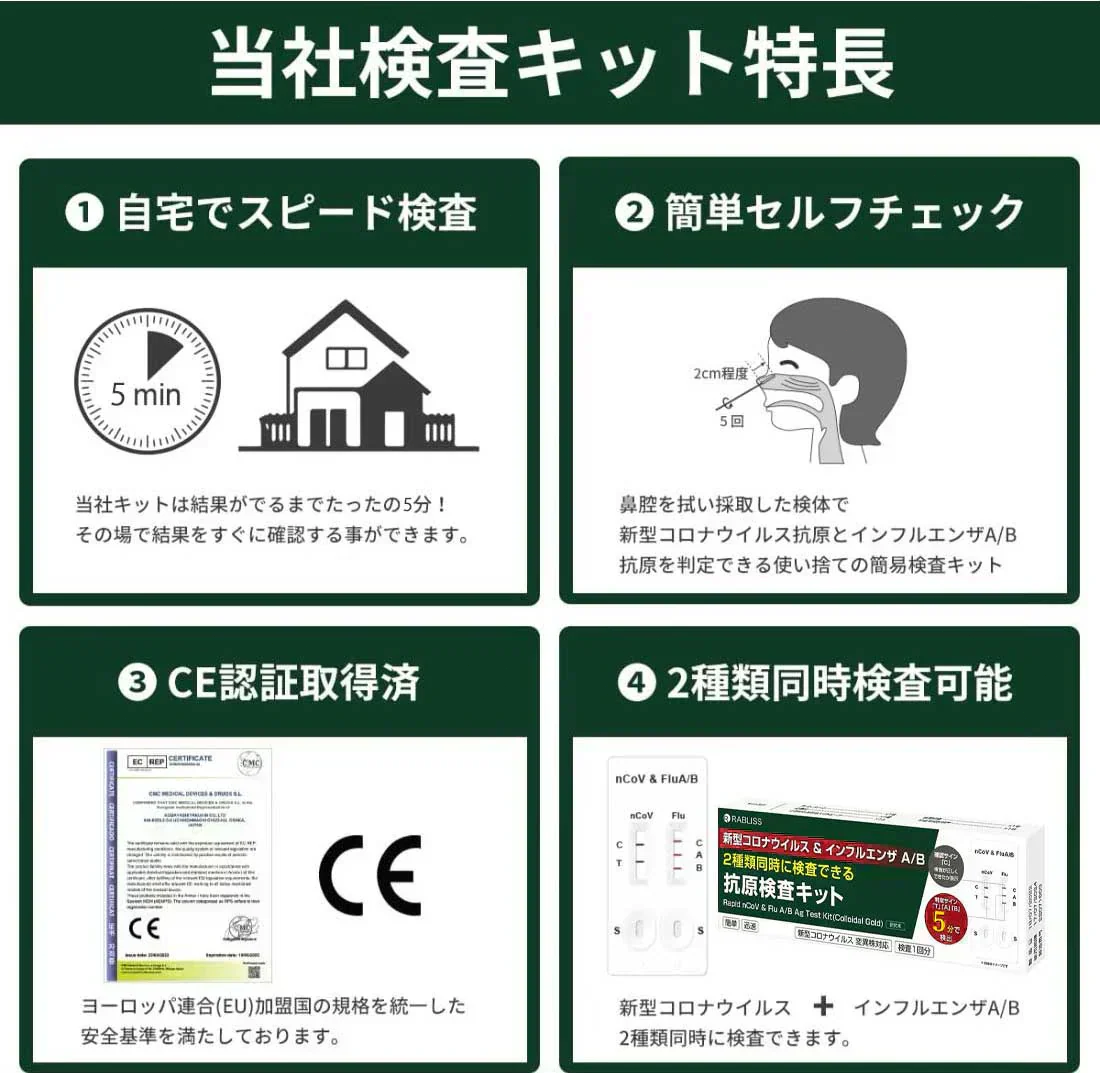 5個セット インフルエンザウイルスA/B 3種抗原同時に対応 自宅検査 返送不要 コロナ検査キット唾液 セルフ検査キット 検査キット 痛くない 鼻腔検査 5分検出 インフルエンザ検査キット 高原検査キット 研究用