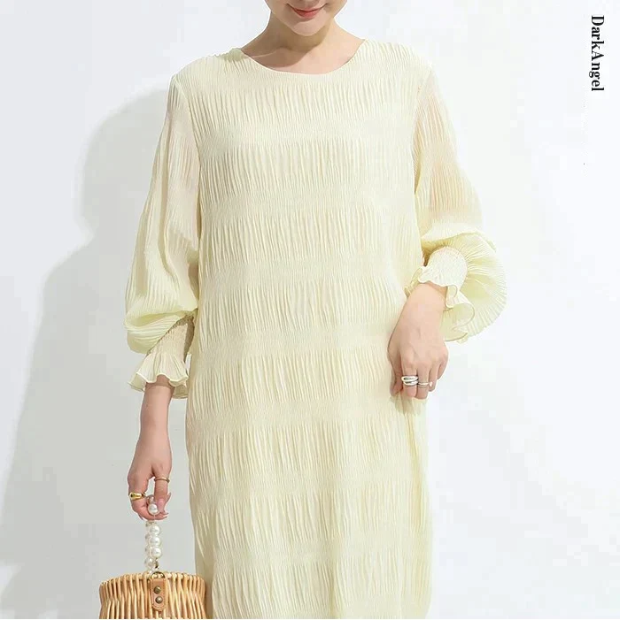 シャーリングシフォンワンピース（アイボリー/長袖/Mサイズ）