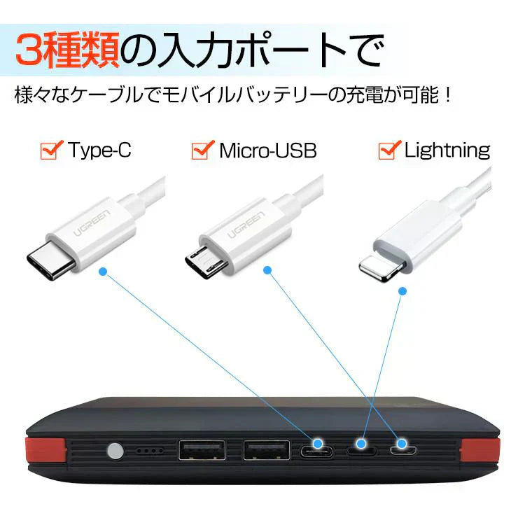 【ブラック】モバイルバッテリー 大容量 20000mAh 2.4A 急速 充電 USB スマホ バッテリー ケーブル内蔵