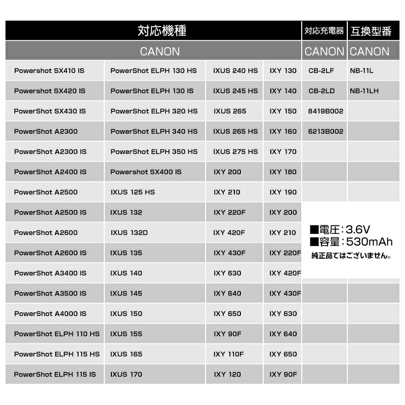 Canon キャノン NB-11L NB-11LH 互換 バッテリー 1個　デジタルカメラバッテリー　530mAh　3.6V　汎用バッテリー 非純正品 カメラアクセサリー