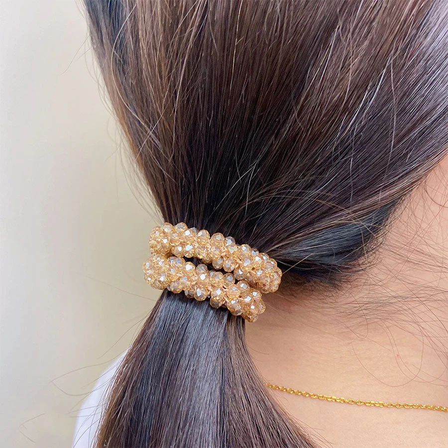 (ブルー)ヘアゴム　キラキラ　ヘアアクセサリー　かわいい　ゴールド　オシャレ　髪飾り　上品　大人っぽい　クリスタルビーズ 大人 上品 エレガント フェミニン 　シンプル　ブレスレット　子供用　大人
